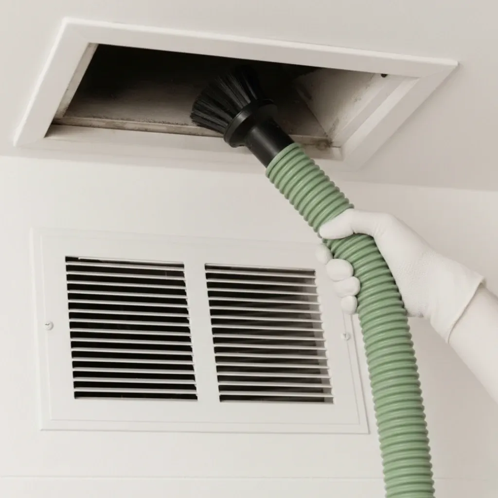 Hand using a vacuum hose to clean a ceiling vent.