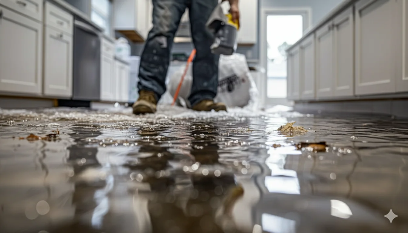 Person cleaning a flooded kitchen floor