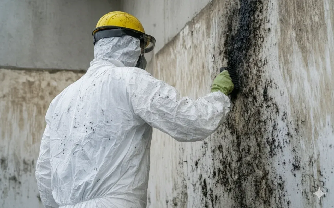 Worker cleaning mold from wall