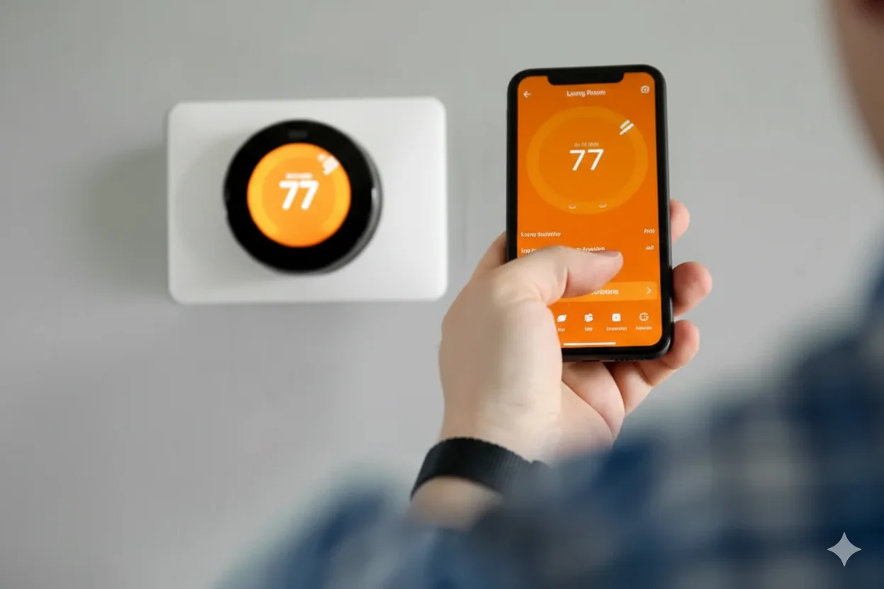 Person controlling a smart thermostat with a smartphone, showcasing modern technology in home automation.